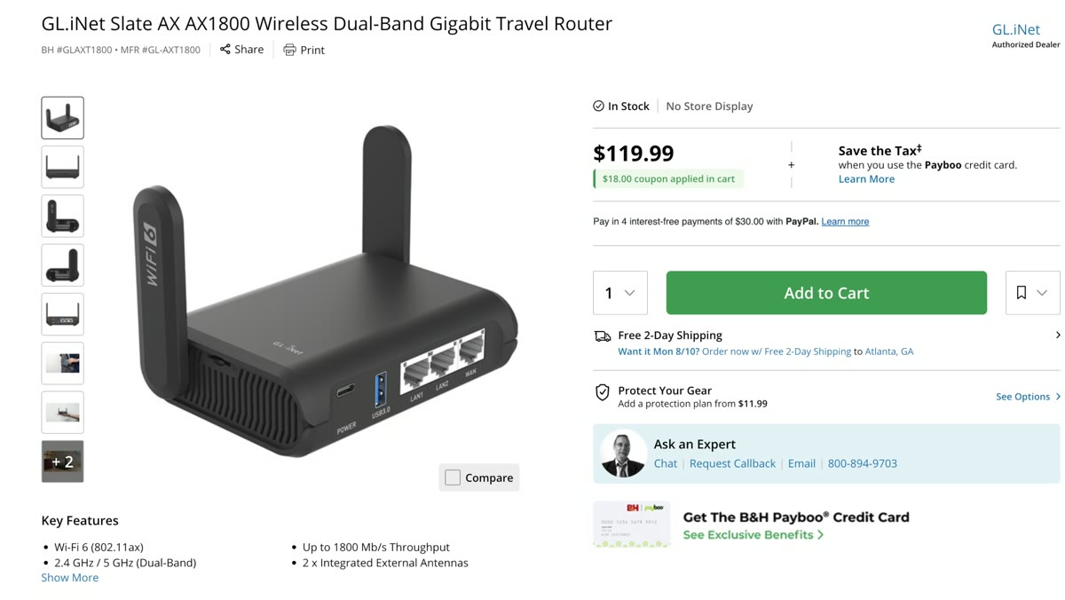 GL.iNet router product page shown in the fly pack video