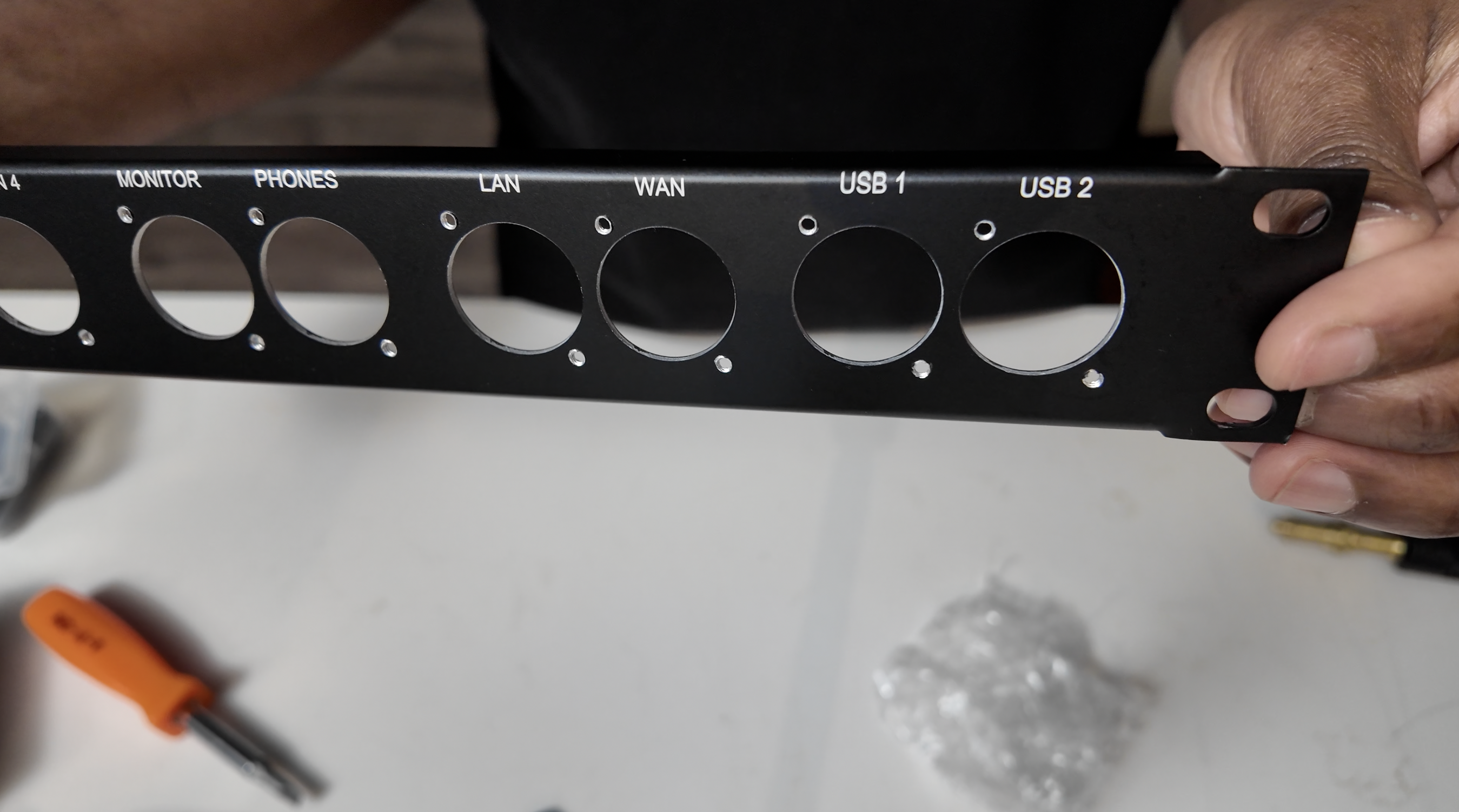 Penn Elcom custom rack panel with labeled connector cutouts